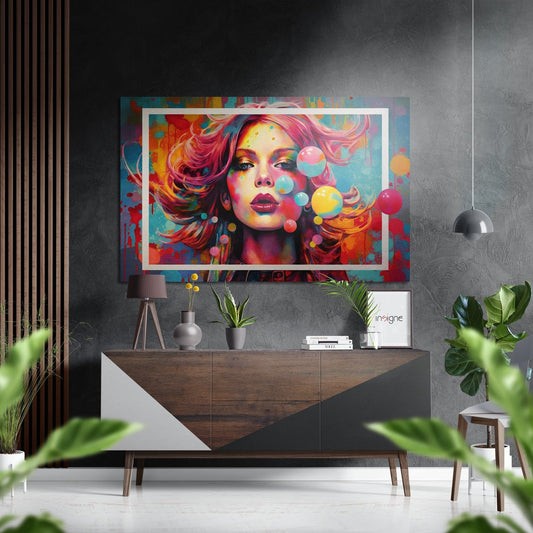 Vibrant pop art portrait of woman with pink hair and colorful bubbles displayed above mid-century modern wooden dresser in contemporary living room.