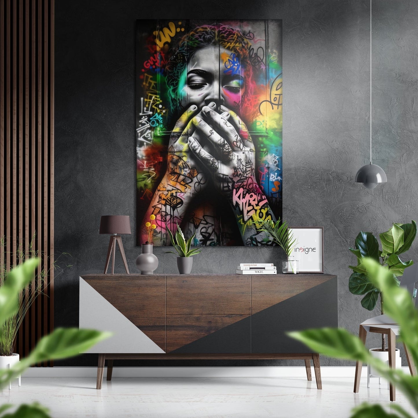 Modern interior featuring colorful street art portrait with graffiti tags on brushed aluminum panel above wooden dresser with plants and pendant lamp.
