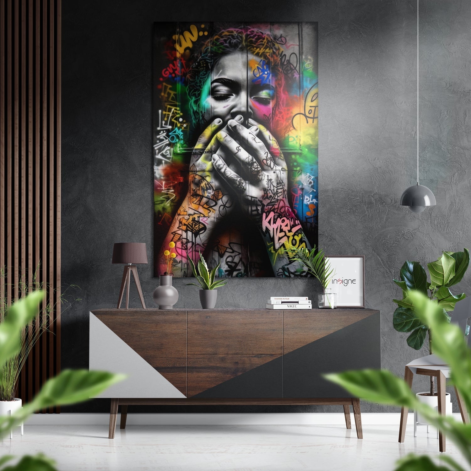 Modern interior featuring colorful street art portrait with graffiti tags on brushed aluminum panel above wooden dresser with plants and pendant lamp.