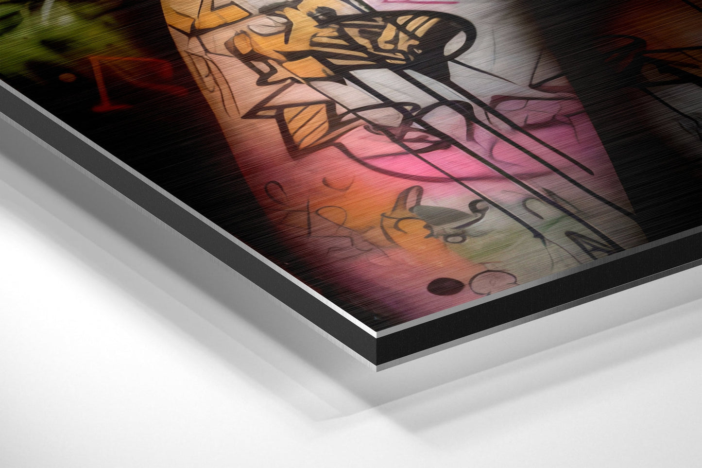 Angled perspective view of brushed aluminum Dibond wall art featuring monarch butterfly illustrations in orange, pink, and black against colorful gradient background.
