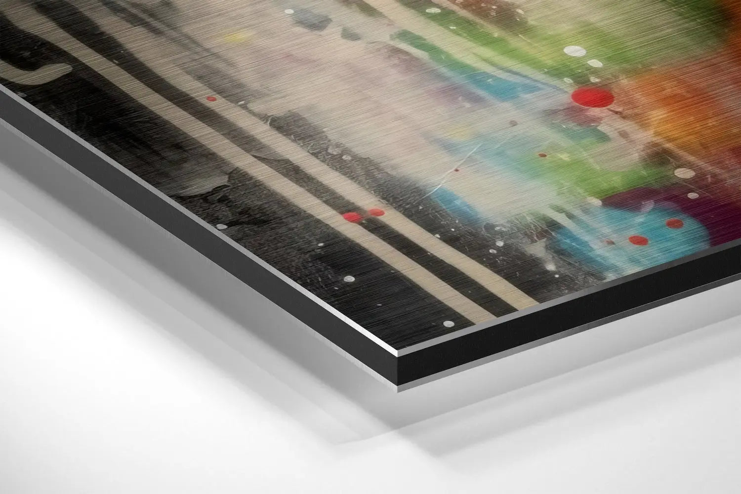 Black and white framed abstract art on stunning brushed aluminium dibond