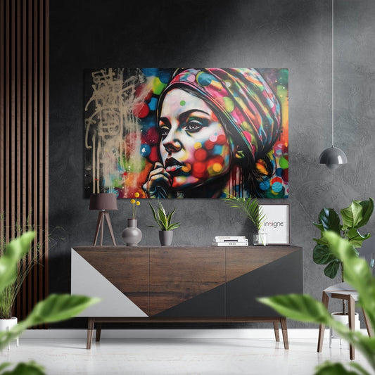 Colorful pop art portrait of a woman in a turban with vibrant bokeh effects displayed above a wooden console table in a modern interior setting.