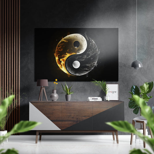 Yin Yang Brushed Aluminum Dibond wall art displayed above wooden dresser in modern gray interior with plants and pendant light.