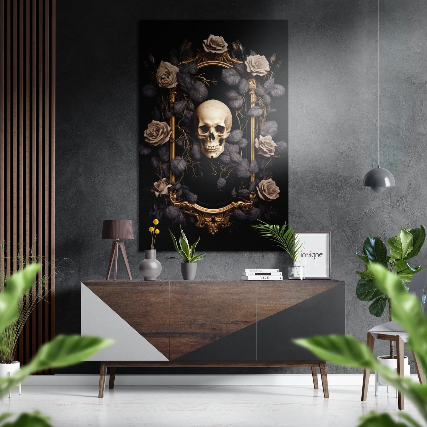 Skull in Gold Frame With Roses Brushed Aluminum Dibond Wall Art