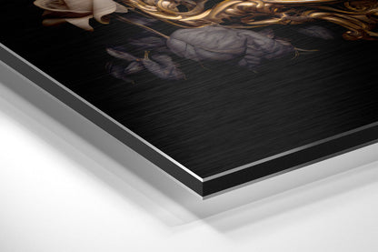 Skull in Gold Frame With Roses Brushed Aluminum Dibond Wall Art
