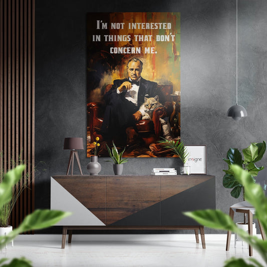 Modern interior featuring a man in tuxedo with cat poster above wooden mid-century dresser with plants and pendant lighting.