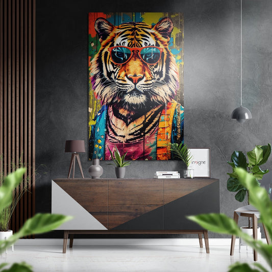 Colorful pop art tiger wearing red sunglasses and teal jacket displayed above wooden console in modern interior setting.