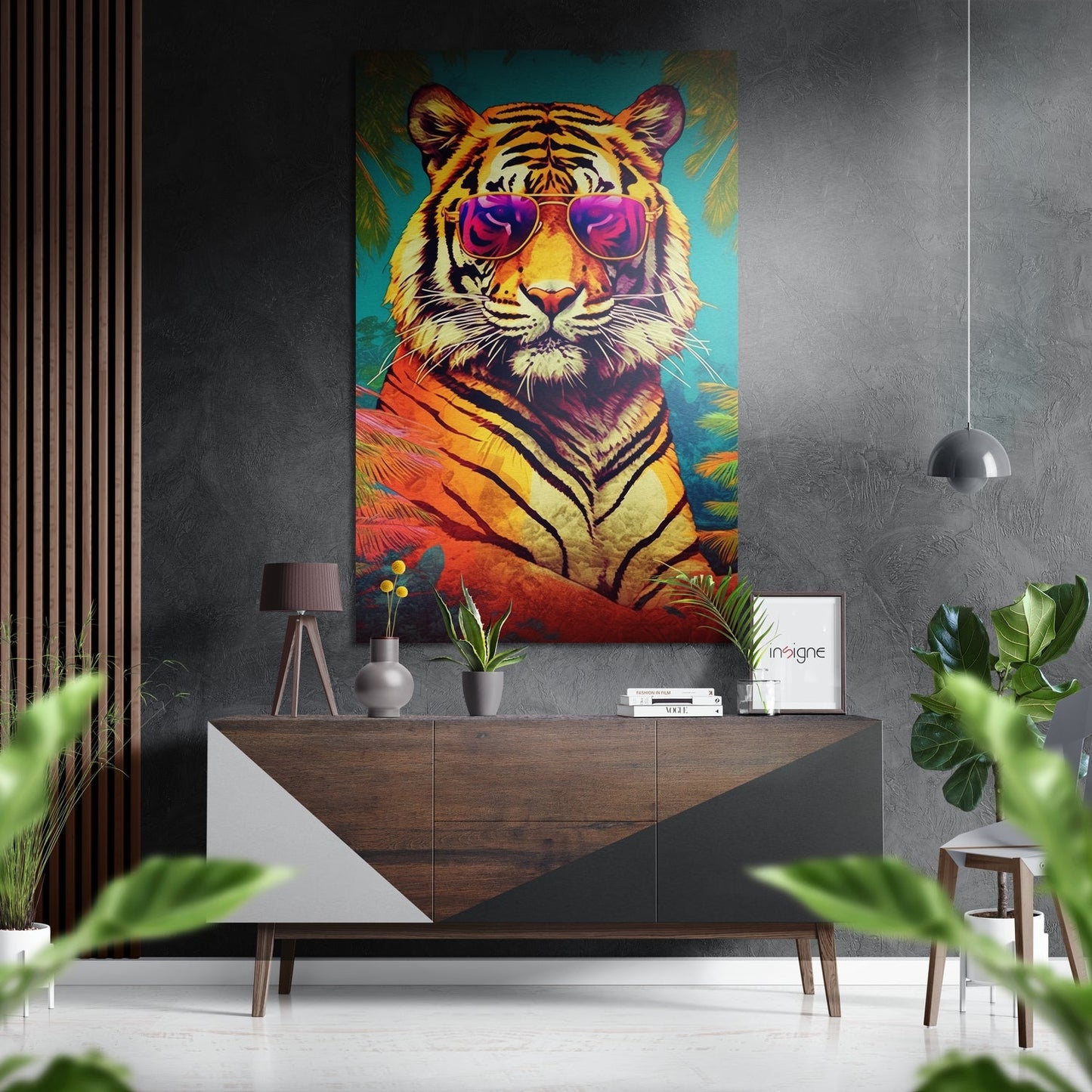 Tropical Palm Tiger In Pink Aviators Brushed Aluminum Dibond Wall Art