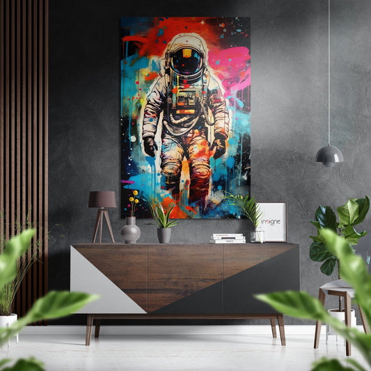Colorful pop art astronaut canvas hanging above wooden console table in modern room with plants and pendant light.