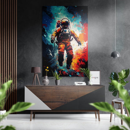 Floating Orange Suit Astronaut Brushed Aluminum Dibond Wall Art