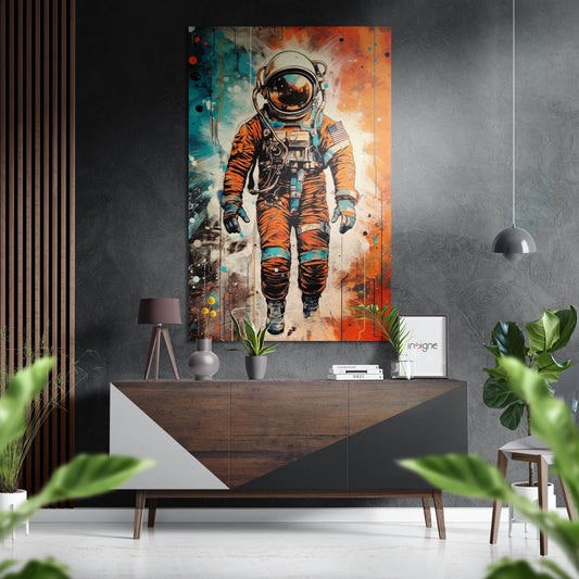 Modern living room with orange and teal astronaut artwork mounted on gray textured wall above wooden console table.
