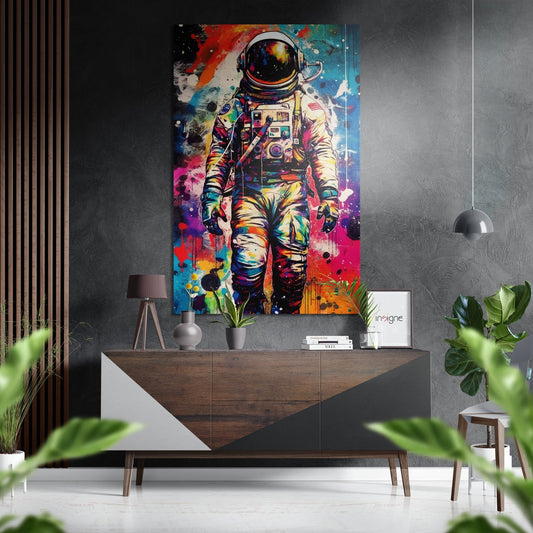 Vibrant pop art astronaut canvas hanging above wooden dresser in modern grey interior with plants and pendant lamp.