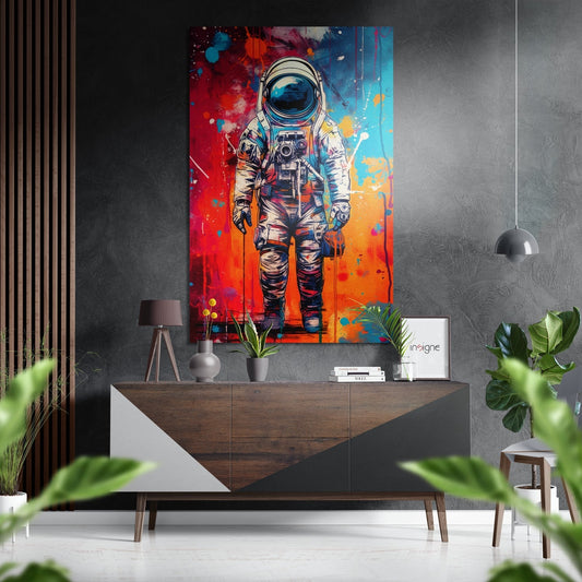 Colorful spray paint astronaut artwork displayed on gray wall above wooden console table with plants and decor.