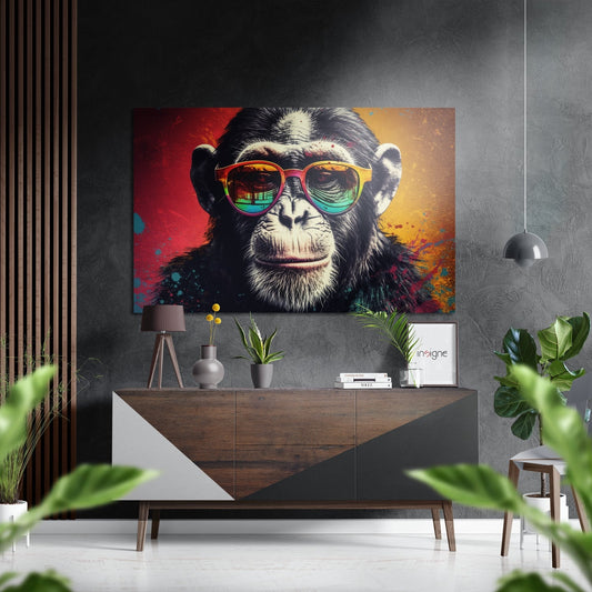 Colorful pop art chimp wearing rainbow sunglasses displayed above wooden console in modern gray interior with plants and pendant light.