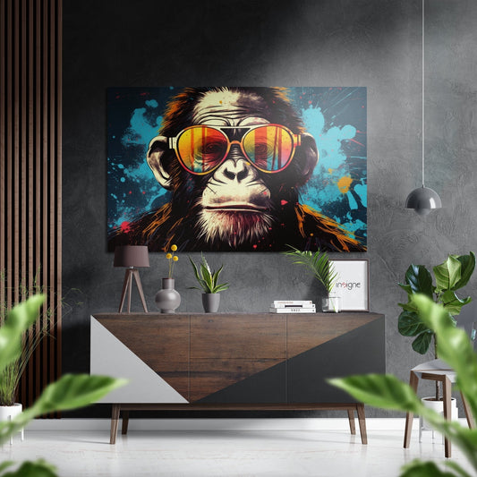 Modern interior with colorful aviator chimp artwork displayed above wooden credenza with plants and decorative items.