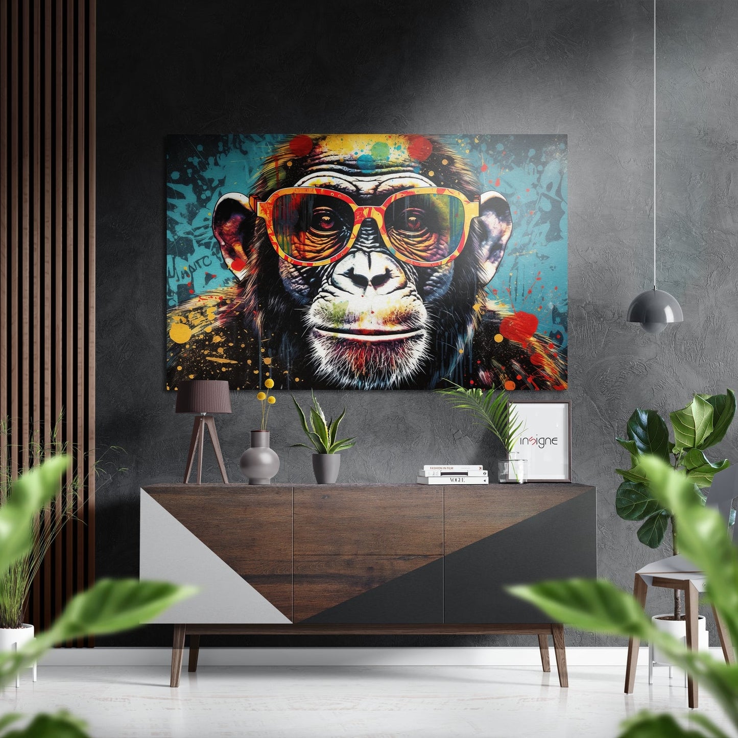 Paint Splashed Chimp Red Framed Glasses Brushed Aluminum Dibond Wall Art