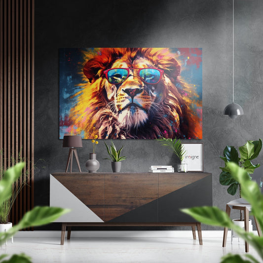 Vibrant pop art lion with red sunglasses displayed above wooden console in modern gray interior with plants.