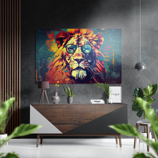 Colorful pop art lion wearing sunglasses displayed above wooden dresser in modern interior with plants.
