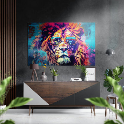 Magenta Teal Pop Lion With Shades Brushed Aluminum Dibond Wall Art
