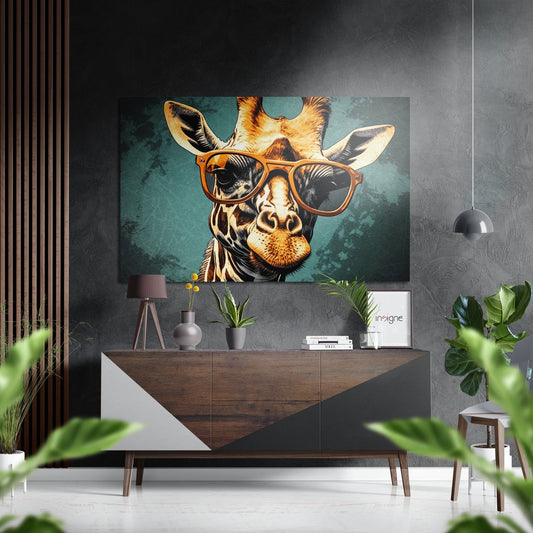 Pop art giraffe wearing amber sunglasses on teal background, displayed above wooden console table in modern interior setting.