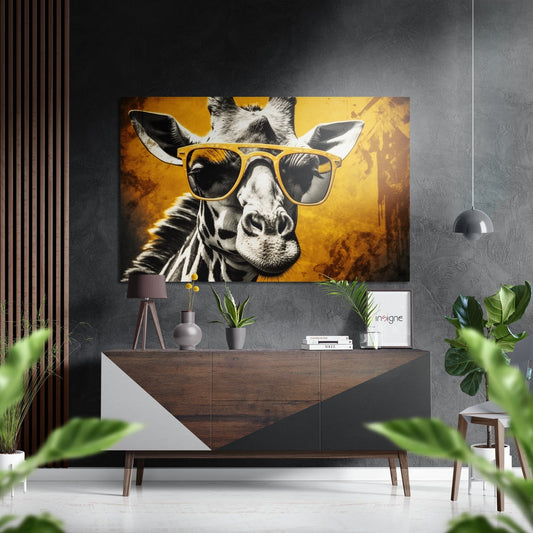 Modern interior scene featuring a giraffe wearing yellow sunglasses on mustard and black brushed aluminum wall art above a wooden dresser.