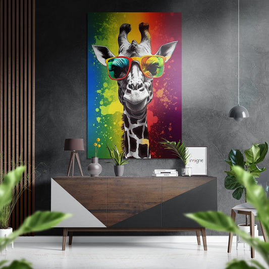 Colorful pop art giraffe wearing rainbow sunglasses displayed on gray wall above wooden console in modern living room setting.