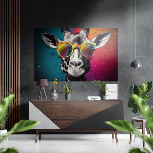 Modern interior scene with giraffe pop art print mounted above wooden dresser, featuring teal, pink, and orange color blocks with yellow-framed sunglasses.