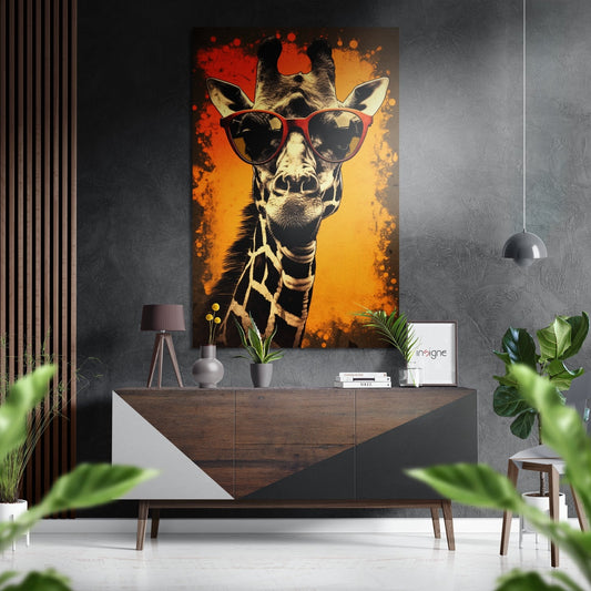 Modern interior styled with cool-toned giraffe artwork featuring red sunglasses and orange gradient background mounted above wooden dresser.