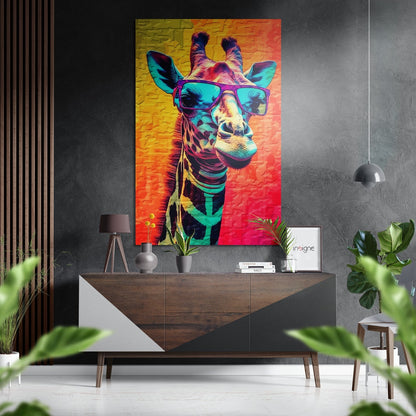 Vivid Neon Giraffe Purple Shades Brushed Aluminum Dibond Wall Art