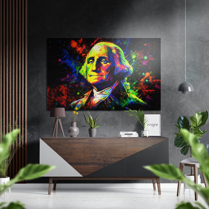 Colorful pop art portrait of George Washington with vibrant rainbow splashes displayed on wall above wooden dresser in modern interior.