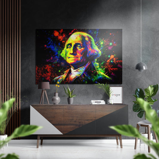 Colorful pop art portrait of George Washington with vibrant rainbow splashes displayed on wall above wooden dresser in modern interior.