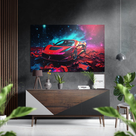 Red Sports Car Teal Pink Cosmic Dust Brushed Aluminum Dibond Wall Art