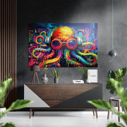 Colorful neon DJ octopus wall art displayed above a wooden sideboard in a modern interior setting with plants and decor.