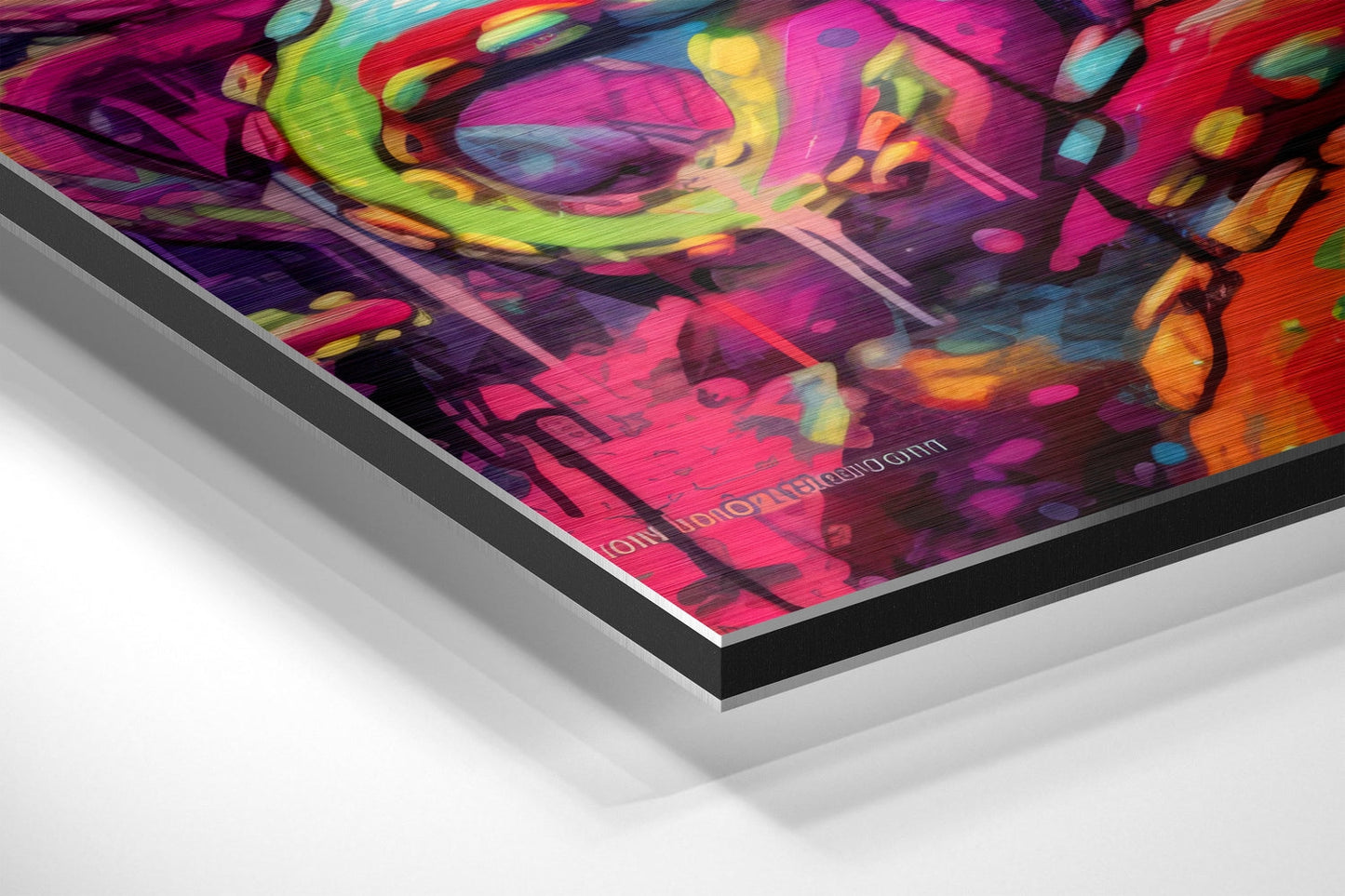 Angled perspective view of colorful DJ octopus artwork on layered aluminum and white dibond materials, showing edge construction and depth.