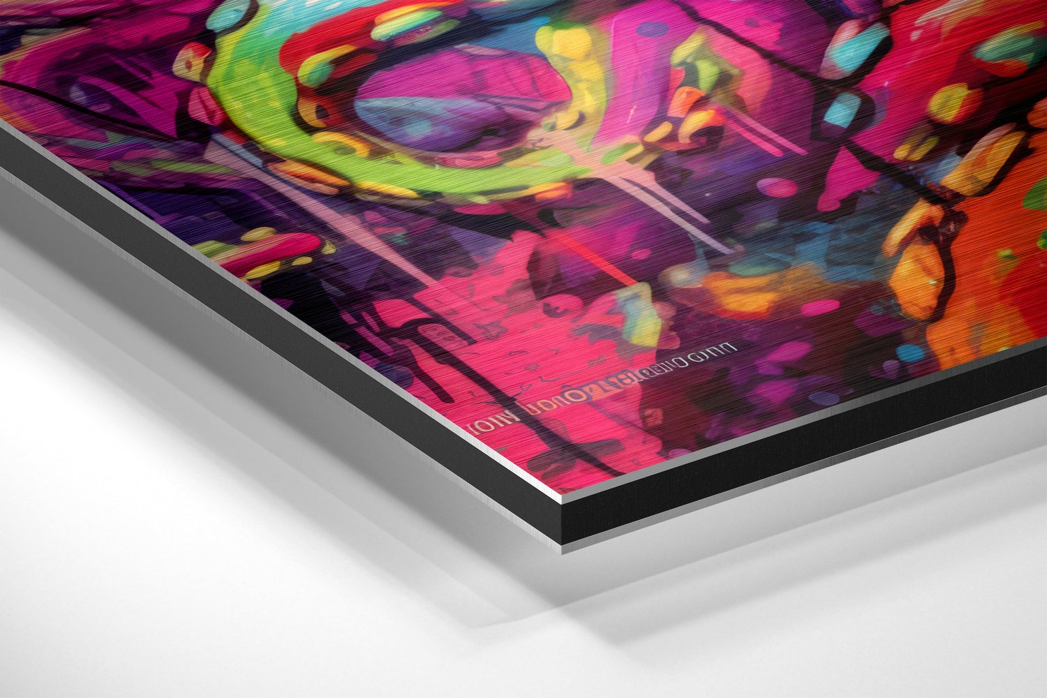 Angled perspective view of colorful DJ octopus artwork on layered aluminum and white dibond materials, showing edge construction and depth.