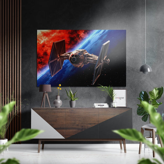 Red and blue planet orbit starfighter wall art displayed above wooden dresser in modern living room with plants and decor.