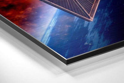 Red and Blue Planet Orbit Starfighter Brushed Aluminum Dibond Wall Art