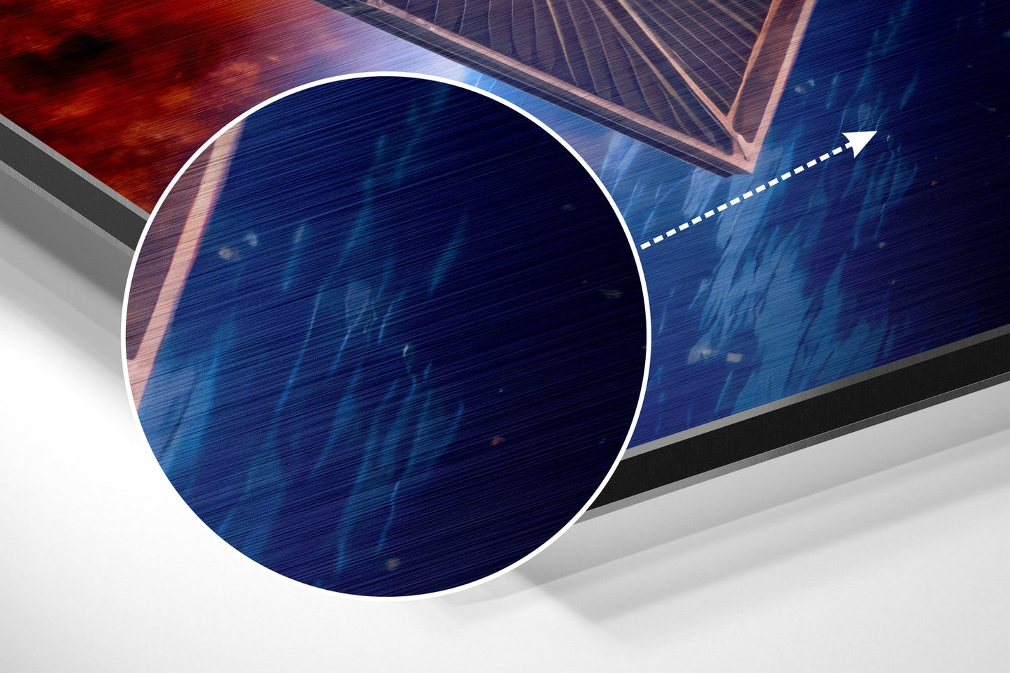 Red and Blue Planet Orbit Starfighter Brushed Aluminum Dibond Wall Art