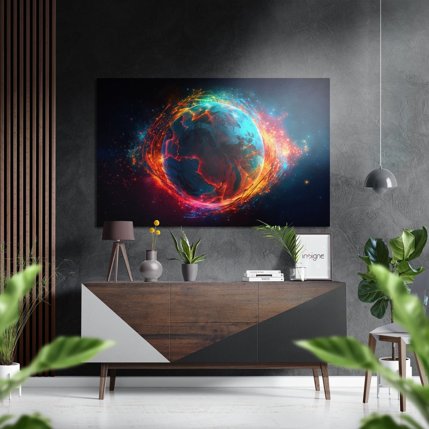 Fiery Orange Ring Glowing Earth Globe Brushed Aluminum Dibond Wall Art