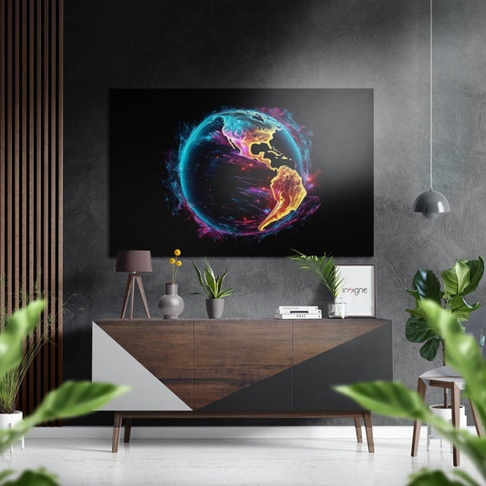 Modern living room with neon glowing Earth wall art displaying teal, pink, and yellow continents above wooden credenza.