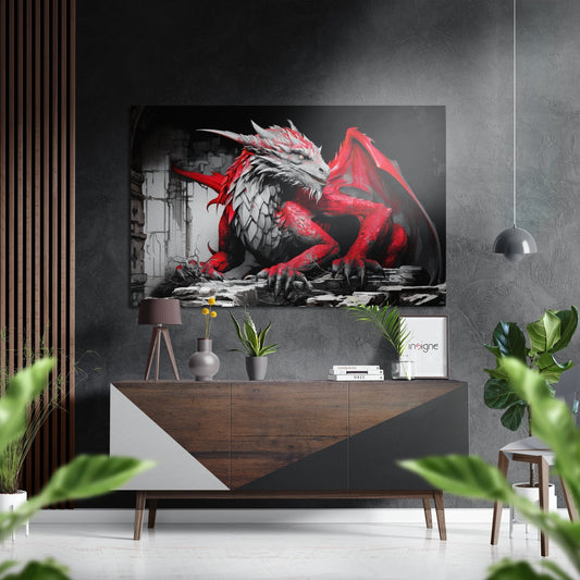 Red and grey dragon artwork displayed above wooden dresser in modern room with plants and pendant lamp.
