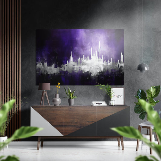 Modern living room displaying purple and white cityscape wall art above wooden credenza with potted plants and decor.