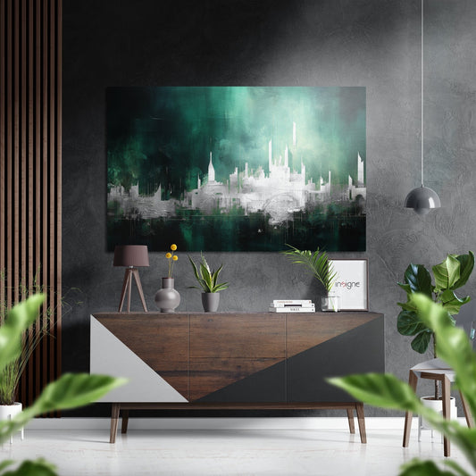 Modern living room with Emerald Mist City Skyline aluminum wall art above wooden dresser with plants and decor.