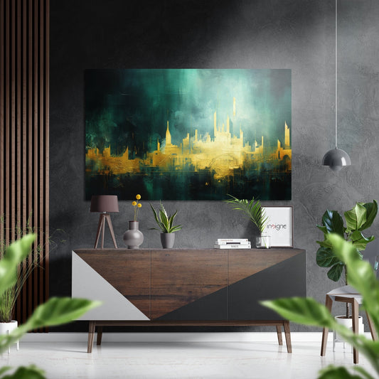 Modern living room interior featuring golden and teal cityscape artwork mounted above wooden dresser with potted plants and decor.