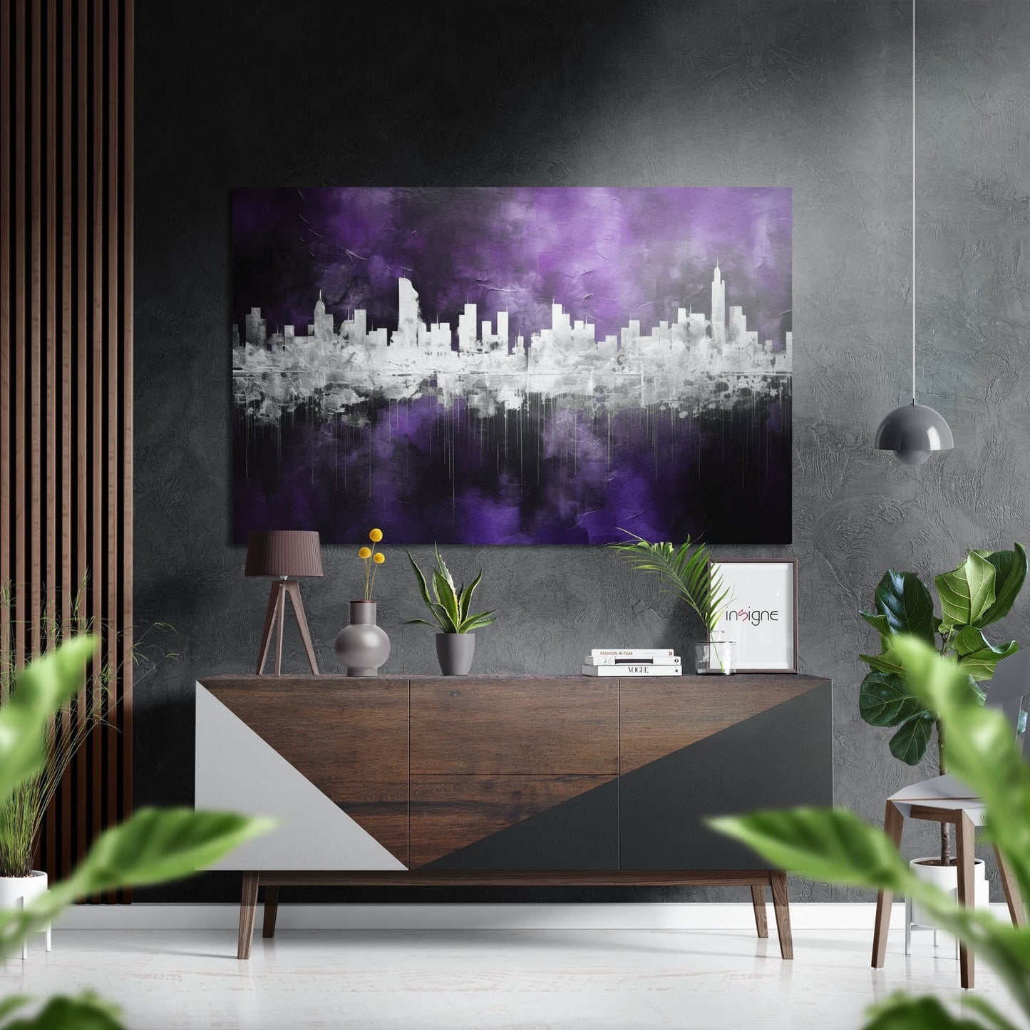 Purple Mirrored City Skyline Brushed Aluminum Dibond Wall Art