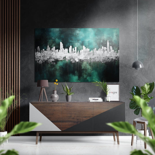 Modern living room interior featuring teal and white cityscape wall art above wooden dresser with potted plants and décor.