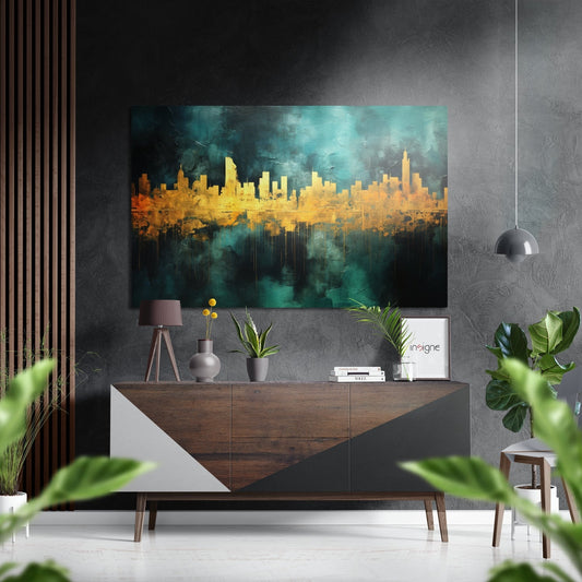 Modern living room featuring golden cityscape artwork with teal background displayed above wooden console table with white geometric panels.