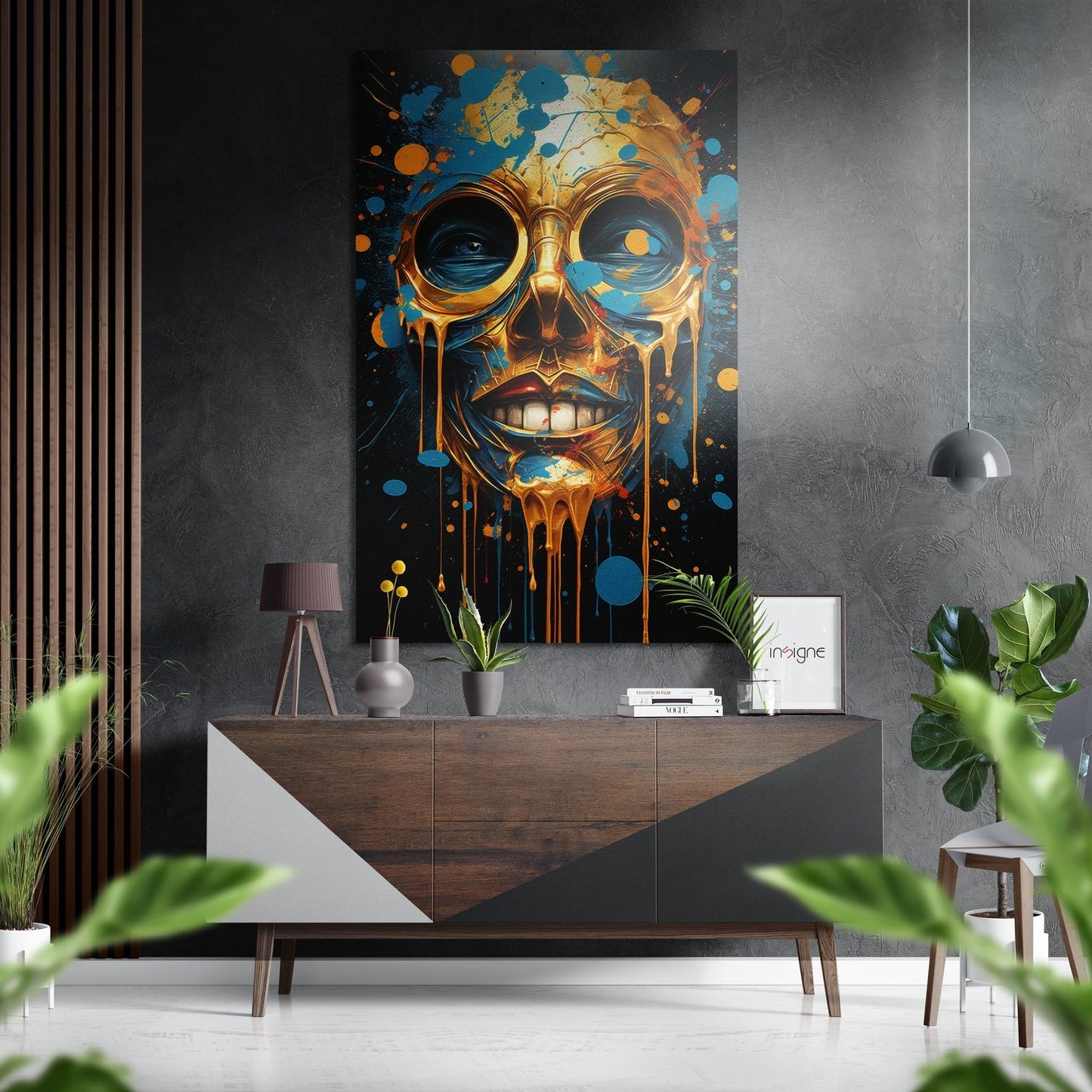 Dripping Gold Paint Splatter Skull Brushed Aluminum Dibond Wall Art