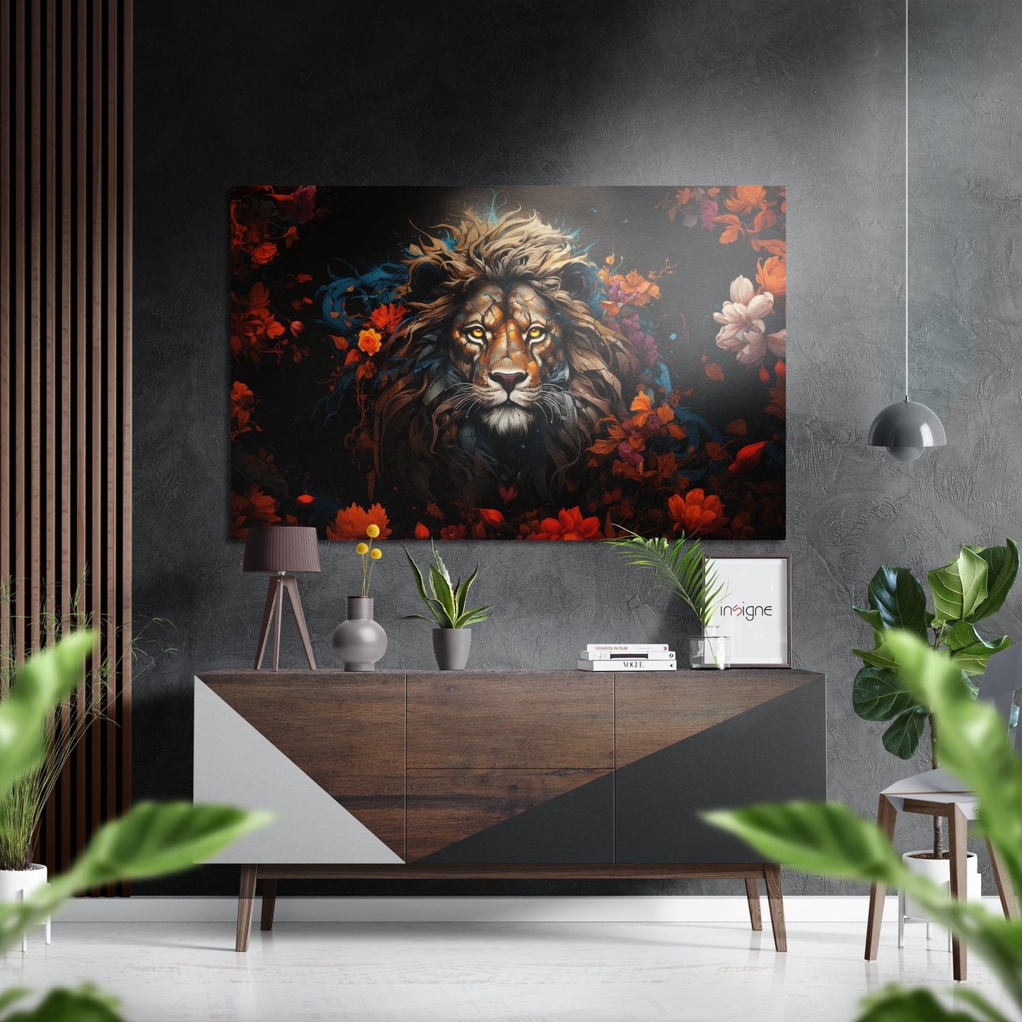 Lion Among Red Blossoms Brushed Aluminum Dibond Wall Art