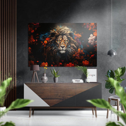 Modern interior displaying lion portrait with red and orange flowers on dark background, mounted above wooden console table with plants and decor.